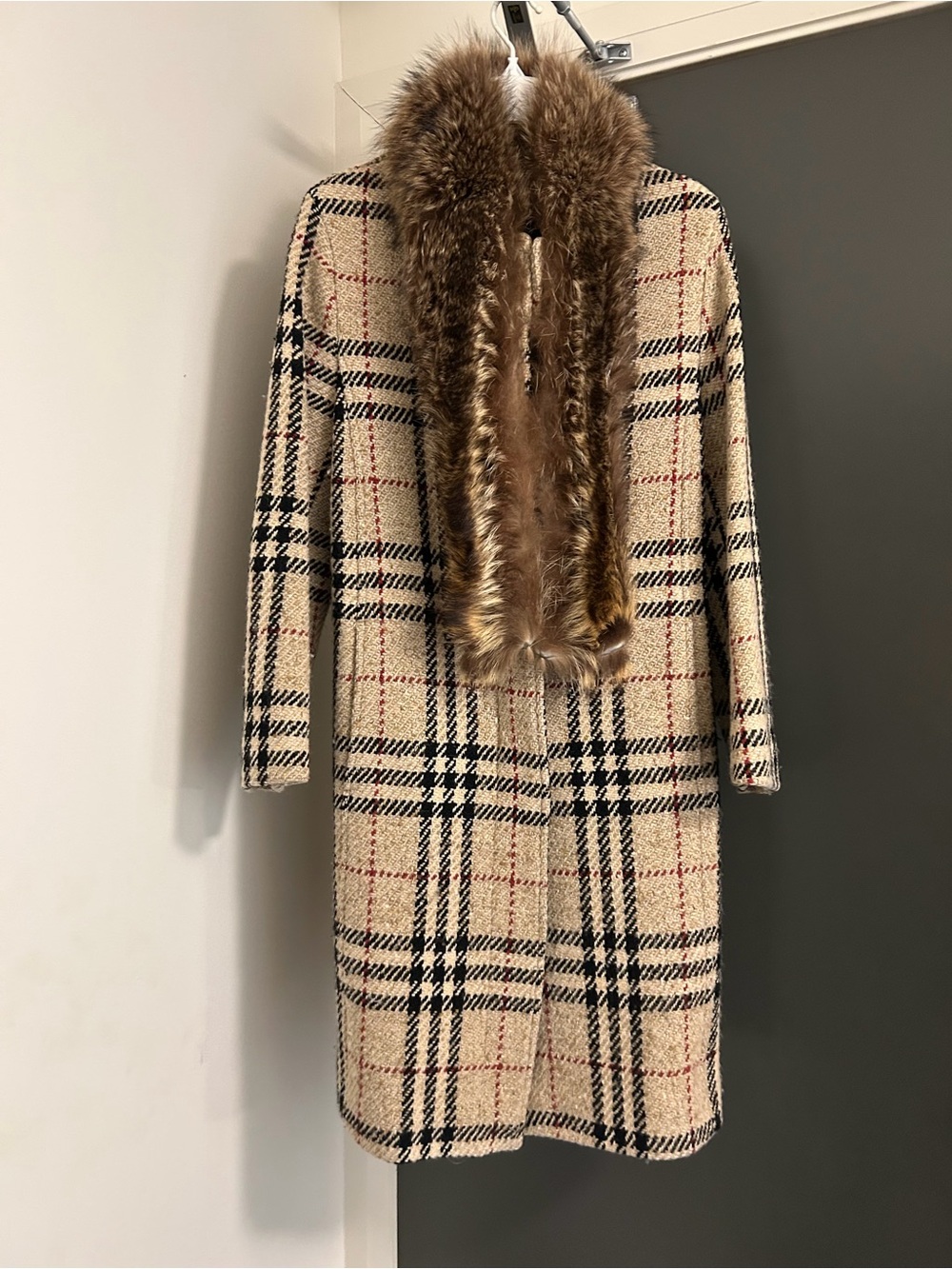 Burberry Beige Plaid Wool Trench Coat with Brown Fur Collar